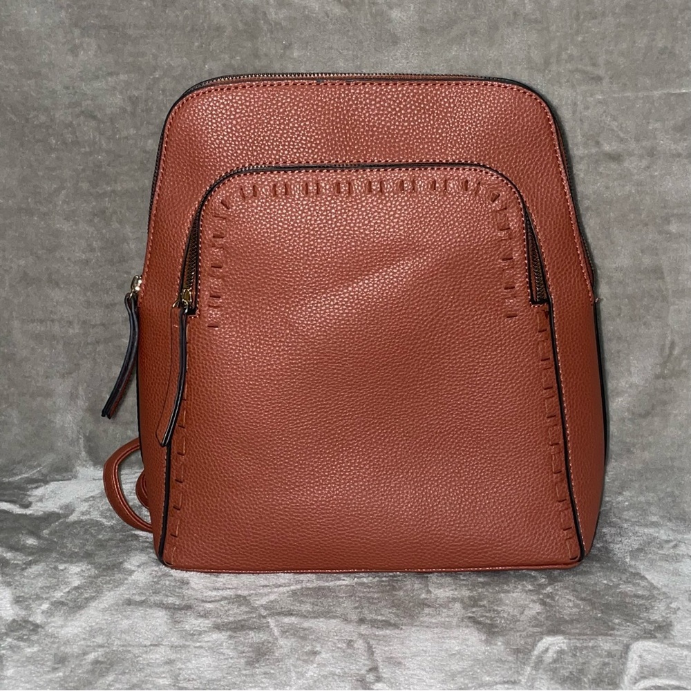 Faux Leather Structured Dome-Top Backpack Cognac Brown Minimalist Style